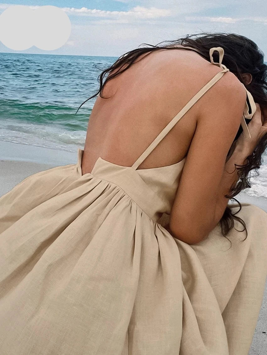 Beige Linnen Ibiza Midi Jurk Met Spaghettibandjes – Ibiza Vibe