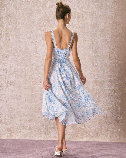 Midi-jurk met bloemenprint en plooien blauw