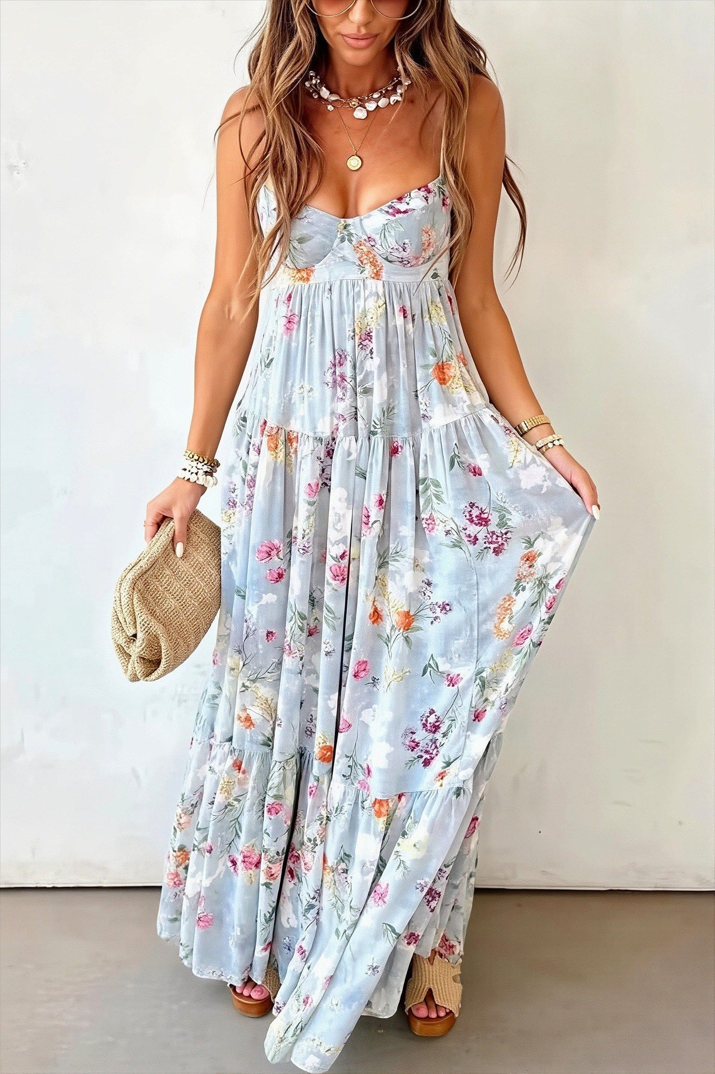 Dames maxi jurk met bloemenprint en open rug, voorkant