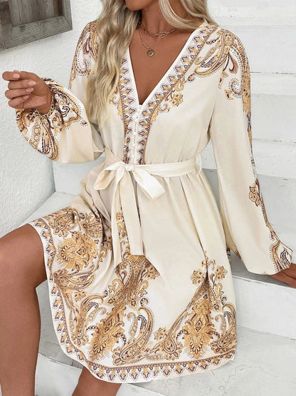 Bedrukt Jurk met Lange Mouwen en Taillekoord Beige