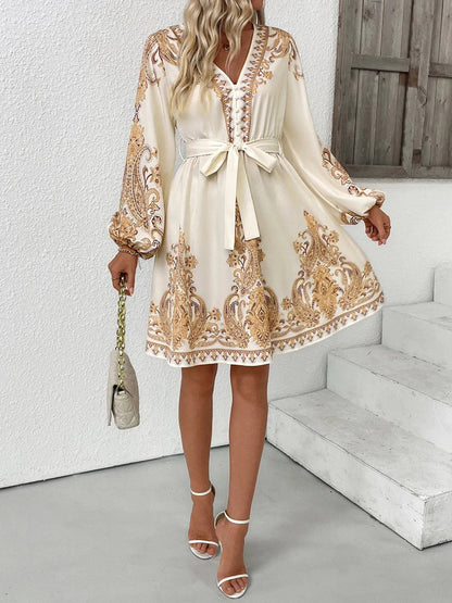 Bedrukt Jurk met Lange Mouwen en Taillekoord Beige