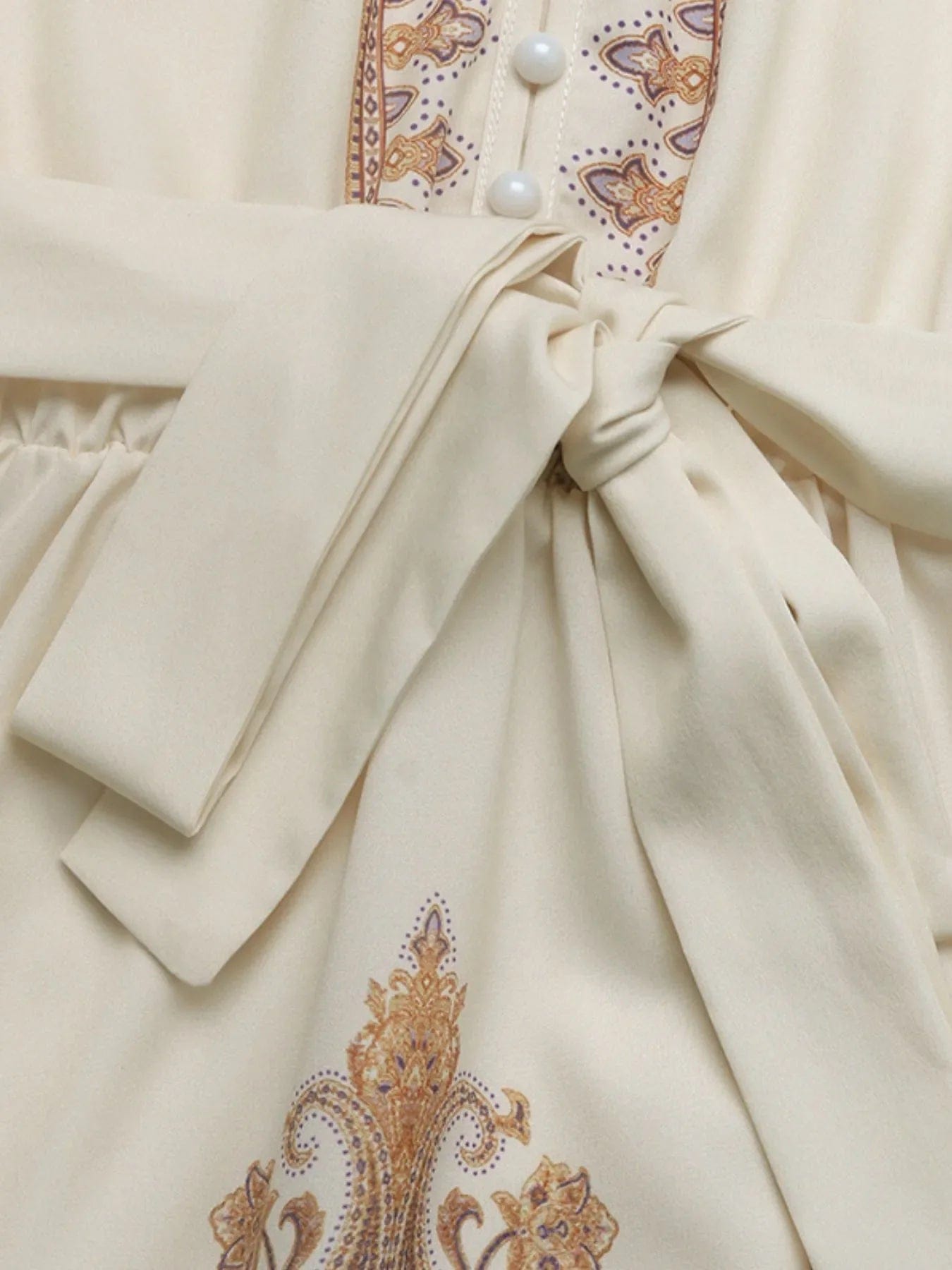 Bedrukt Jurk met Lange Mouwen en Taillekoord Beige
