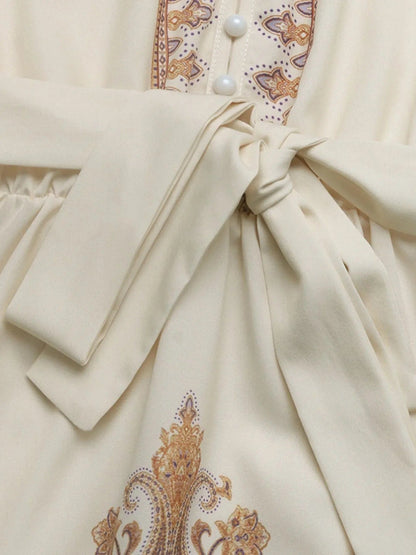 Bedrukt Jurk met Lange Mouwen en Taillekoord Beige