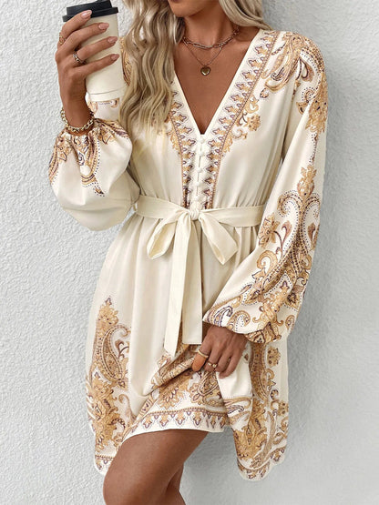 Bedrukt Jurk met Lange Mouwen en Taillekoord Beige