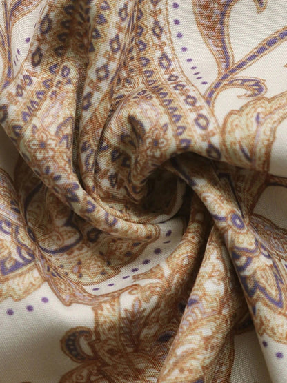 Bedrukt Jurk met Lange Mouwen en Taillekoord Beige