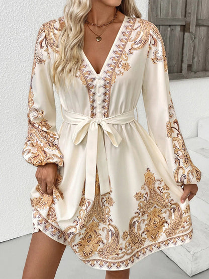 Bedrukt Jurk met Lange Mouwen en Taillekoord Beige