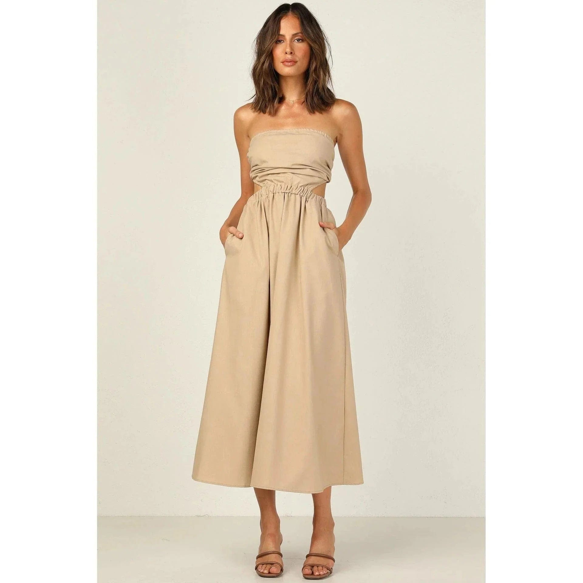 Beige Off-Shoulder Midi Jurk