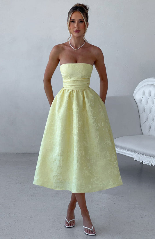 Bloemenjacquard Strapless Plissé Midi-jurk Citroen