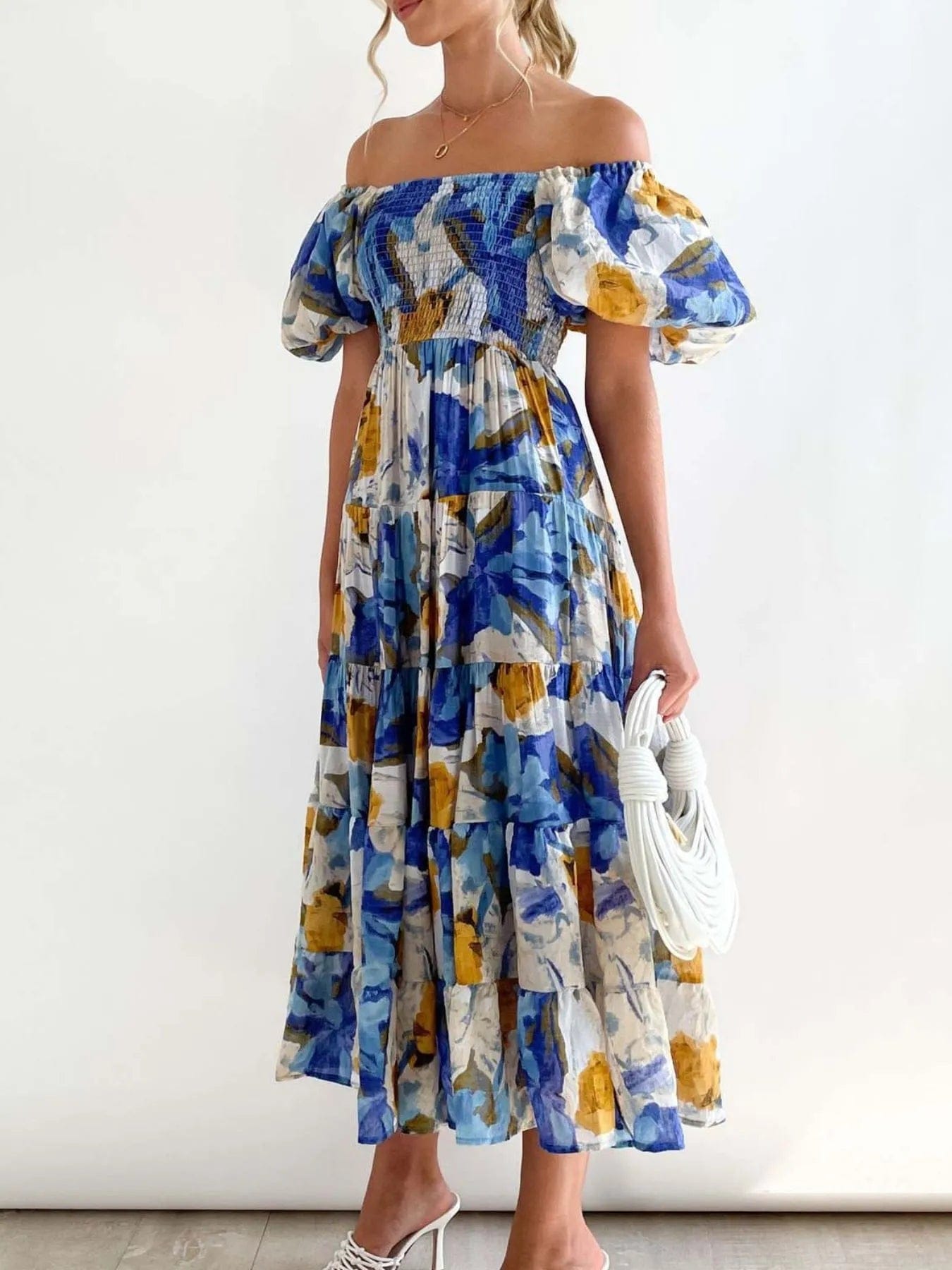 Bloemenprint geplooide jurk met geplooide pofmouwen en gelaagde midi-lengte