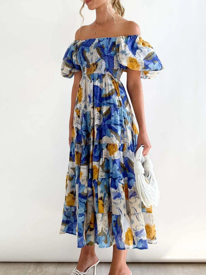 Bloemenprint geplooide jurk met geplooide pofmouwen en gelaagde midi-lengte