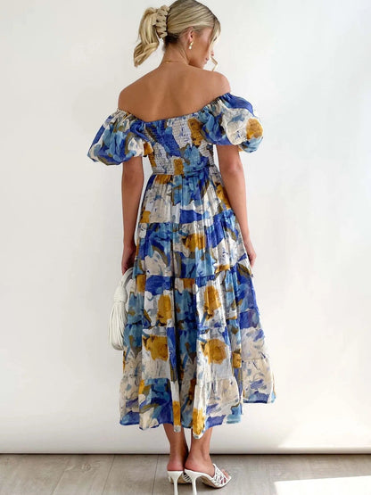 Bloemenprint geplooide jurk met geplooide pofmouwen en gelaagde midi-lengte