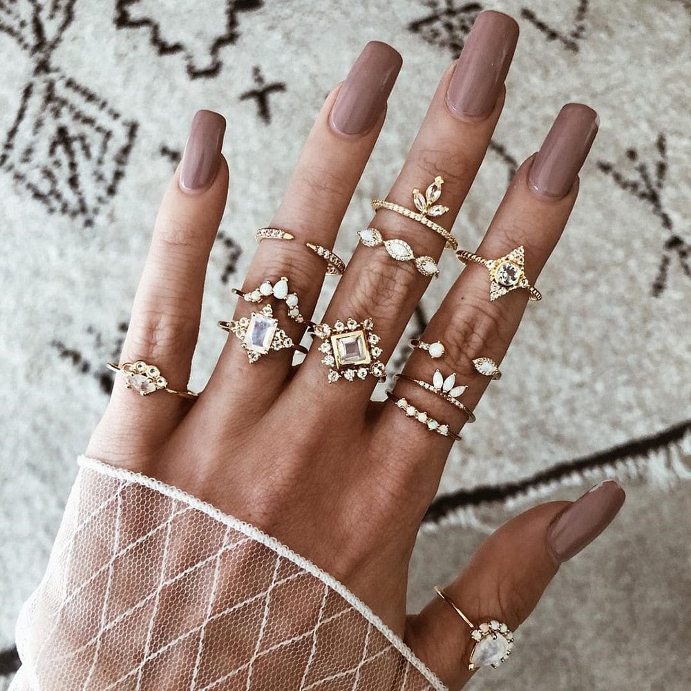 Boheemse Gouden Ringen Set Met Steentjes