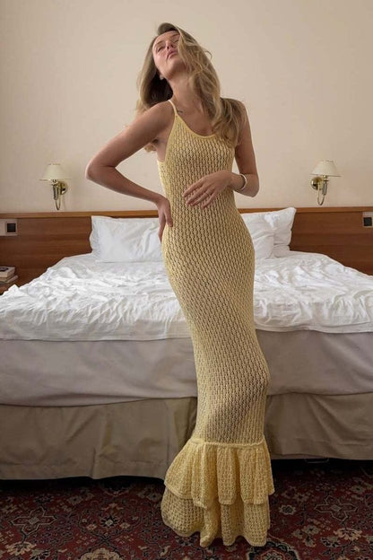 Boho Gebreide Maxi Jurk met Volants en Doorschijnende Cut-out Cami