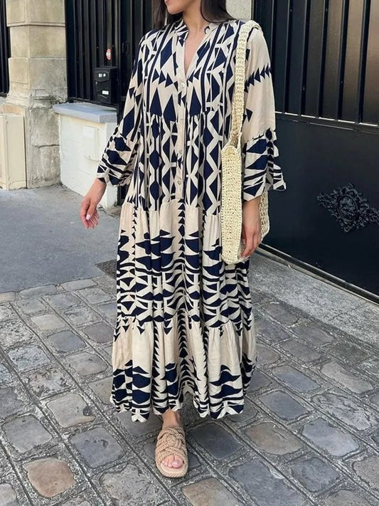 Boho Summer Maxi Dress Women 2023 Vintage Buttons Long Sleeve Elegant Holiday Beach Long Loose Dresses Female Casual Vestidos