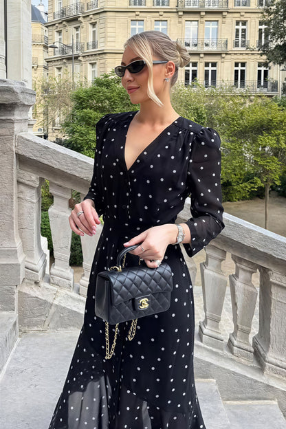 Boven-de-knie midi-jurk met V-hals, polkadot en hoge split, zwart