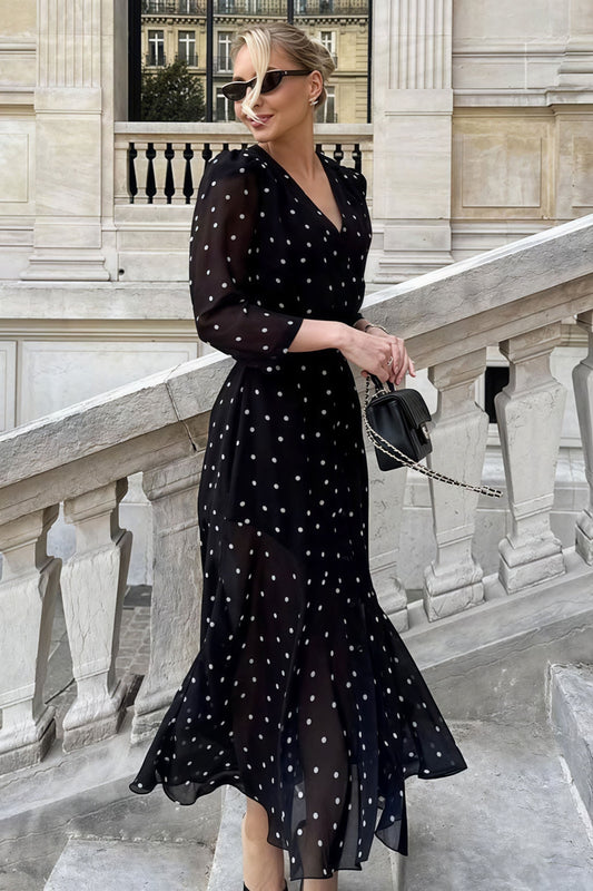 Boven-de-knie midi-jurk met V-hals, polkadot en hoge split, zwart