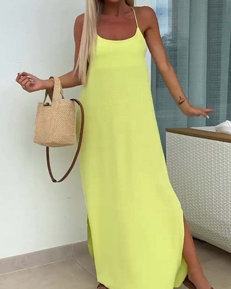 Dames maxi jurk met spaghettibandjes in effen kleur voorkant