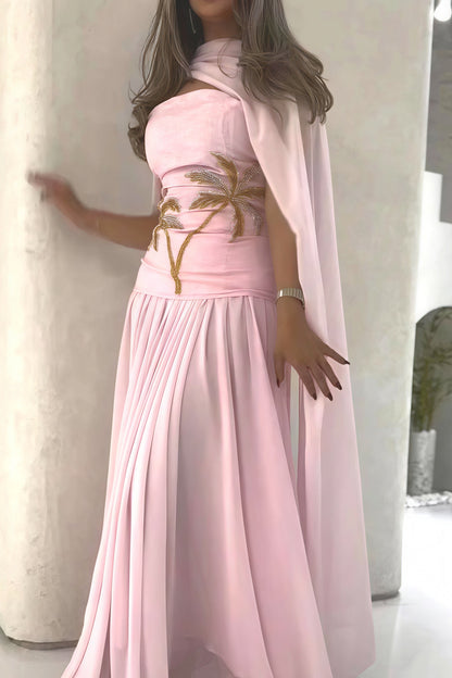 Chiffon Cape Maxi Jurk met Parels Roze