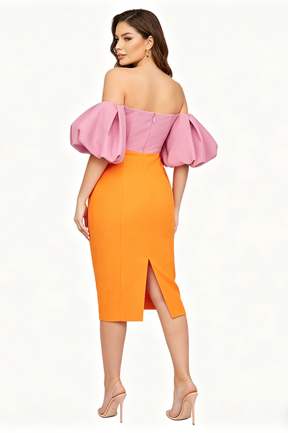 Midijurk met kleurvlakken en ballonmouwen roze oranje