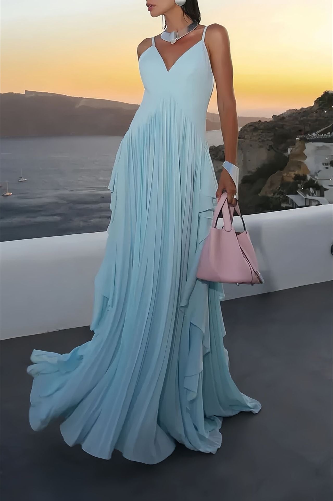 Plissé gelaagde swing maxi jurk blauw