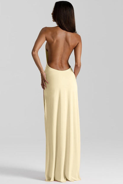 Maxi jurk met halslijn, rugloos en split, effen kleur