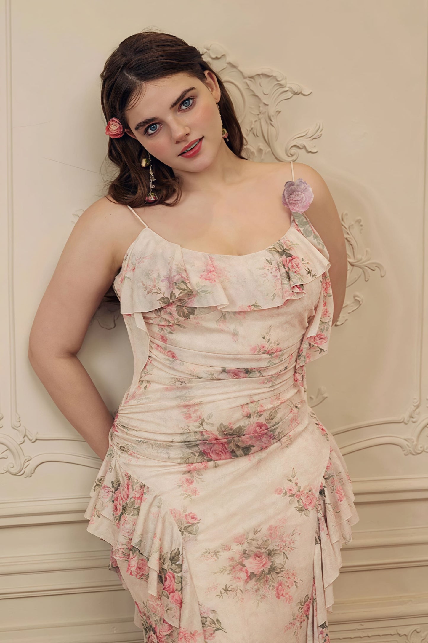 Asymmetrische ruches bloemen maxi-jurk roze