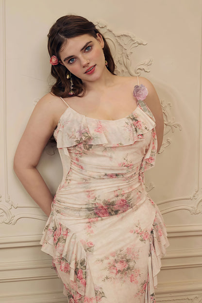Asymmetrische ruches bloemen maxi-jurk roze