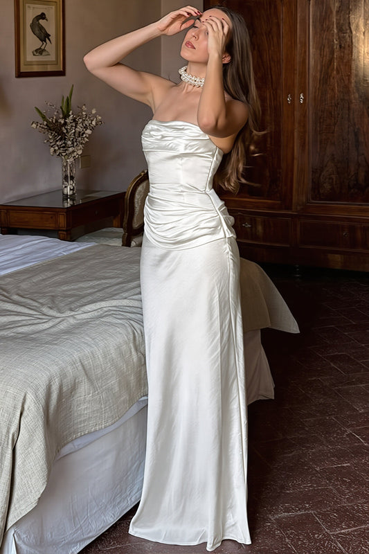 Dames satijnen strapless bodycon maxi jurk in effen kleur, vooraanzicht