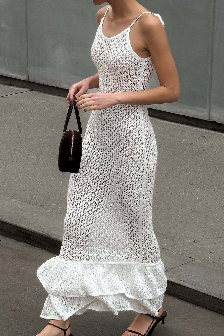 Boho Gebreide Maxi Jurk met Volants en Doorschijnende Cut-out Cami