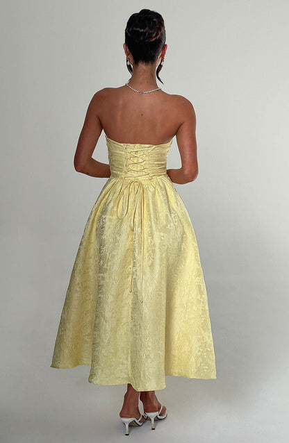 Bloemenjacquard Strapless Plissé Midi-jurk Citroen