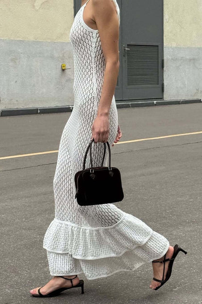 Boho Gebreide Maxi Jurk met Volants en Doorschijnende Cut-out Cami