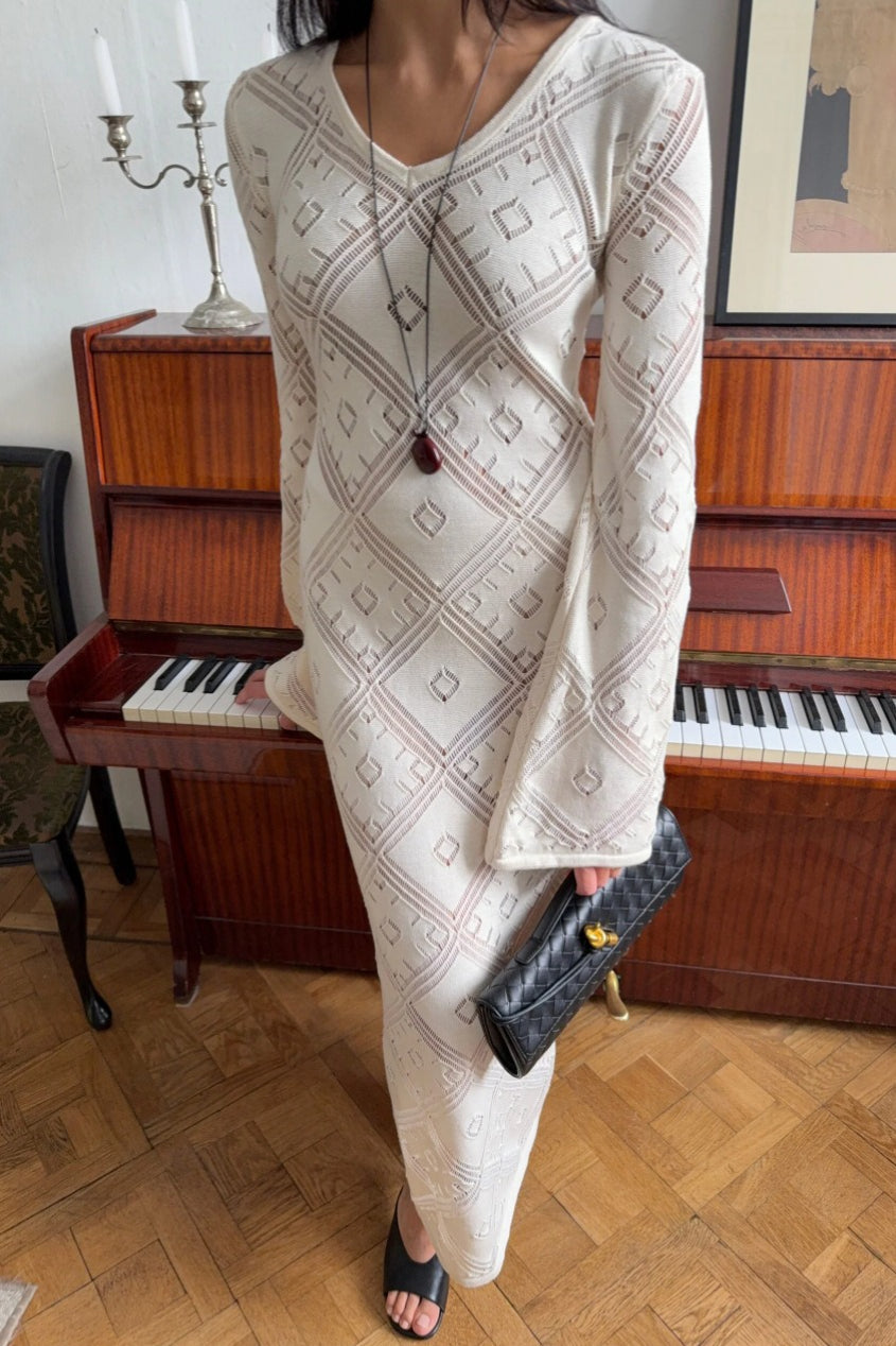 Gebreide Argyle Jacquard Maxi Jurk met Lange Mouwen