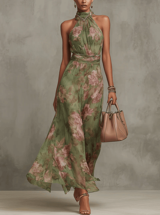 Chiffon maxi-jurk met bloemenprint en halternek groen