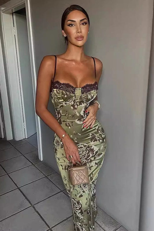 Color block kanten print strakke maxi jurk groen