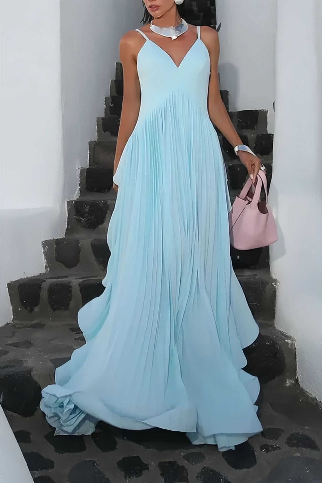 Plissé gelaagde swing maxi jurk blauw