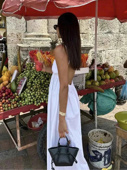 Dames Maxi Jurk Diepe V-Hals Spaghettibandjes Open Rug Wit