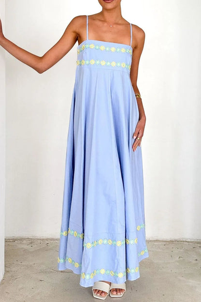 Maxi jurk met bloemenborduursel en spaghetti bandjes van polyester