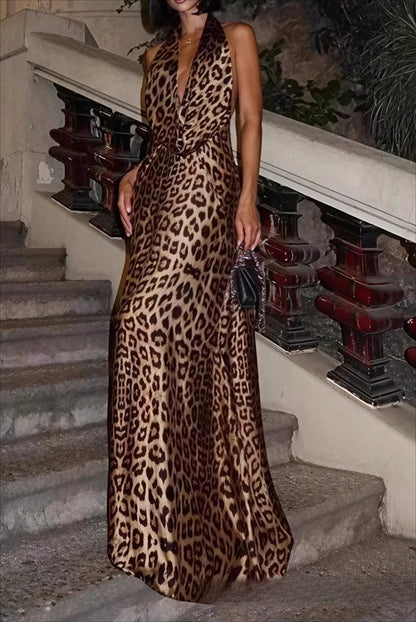 Halter Luipaardprint Achterloze Maxi Jurk met Strik