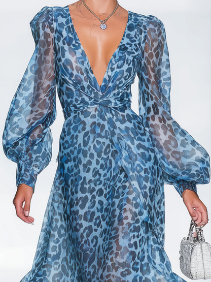Blauwe lange jurk voor dames met luipaardprint en ballonmouwen