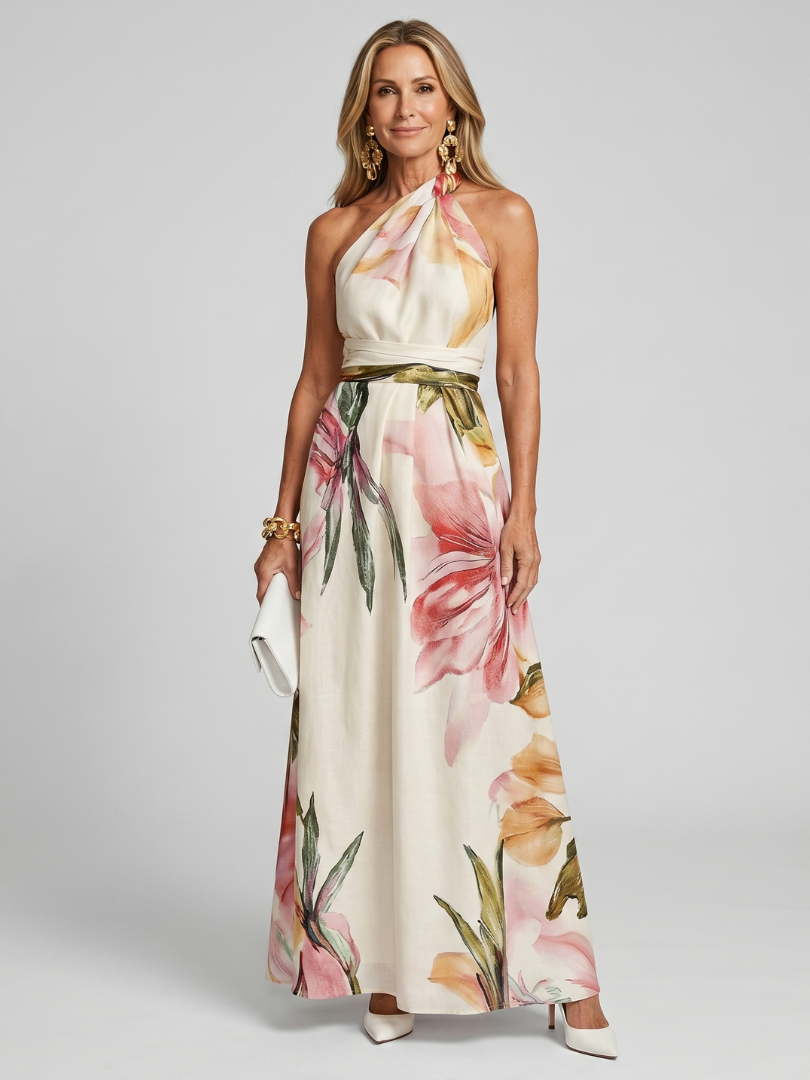 Dames halter maxi jurk met bloemenprint, volledig in beeld