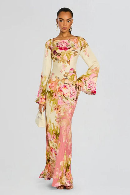 Dames maxi jurk met bloemenprint en boothals, vooraanzicht