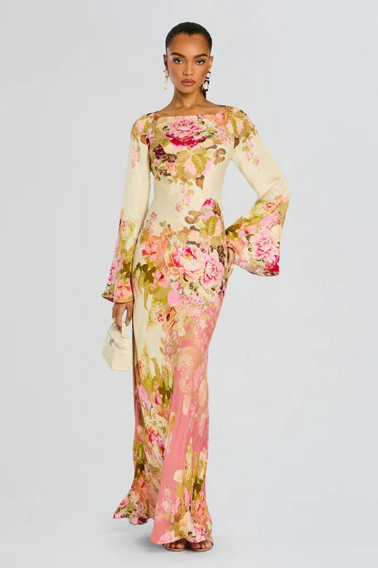 Dames maxi jurk met bloemenprint en boothals, vooraanzicht