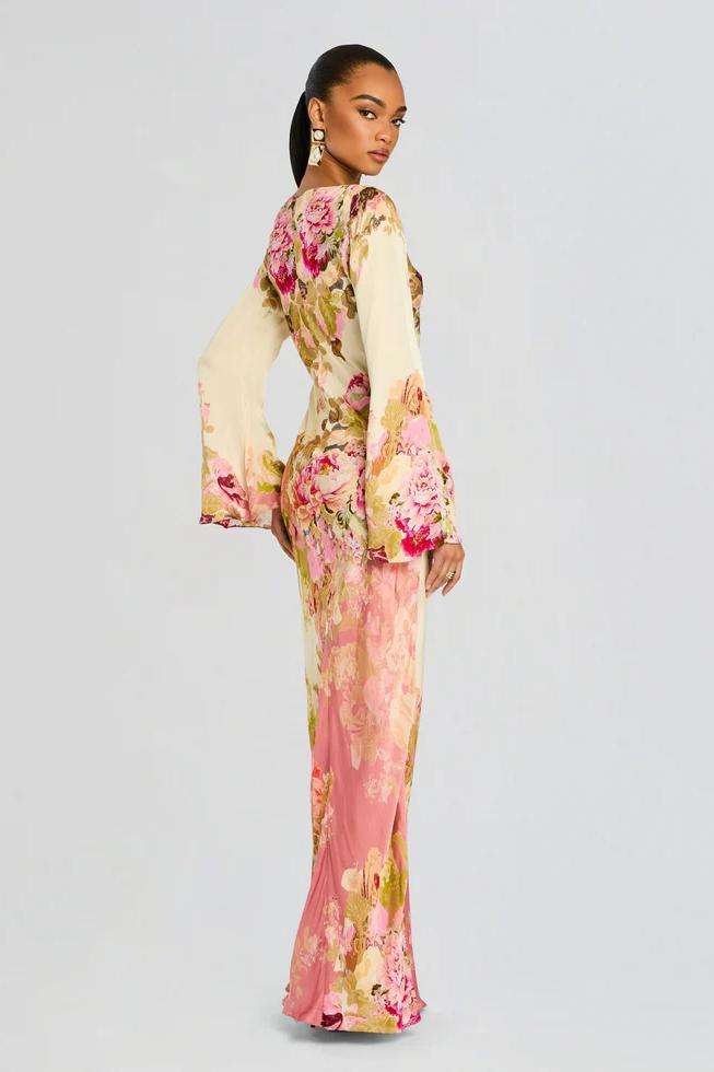 Dames maxi jurk met bloemenprint en lange mouwen, zijaanzicht