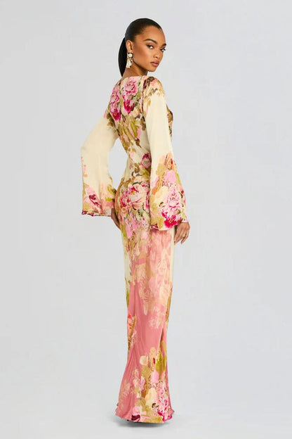 Dames maxi jurk met bloemenprint en lange mouwen, zijaanzicht