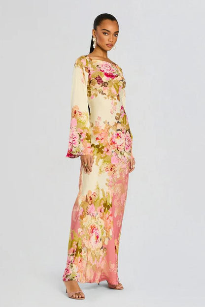 Dames maxi jurk met bloemenprint en trompetmanchetten, detail