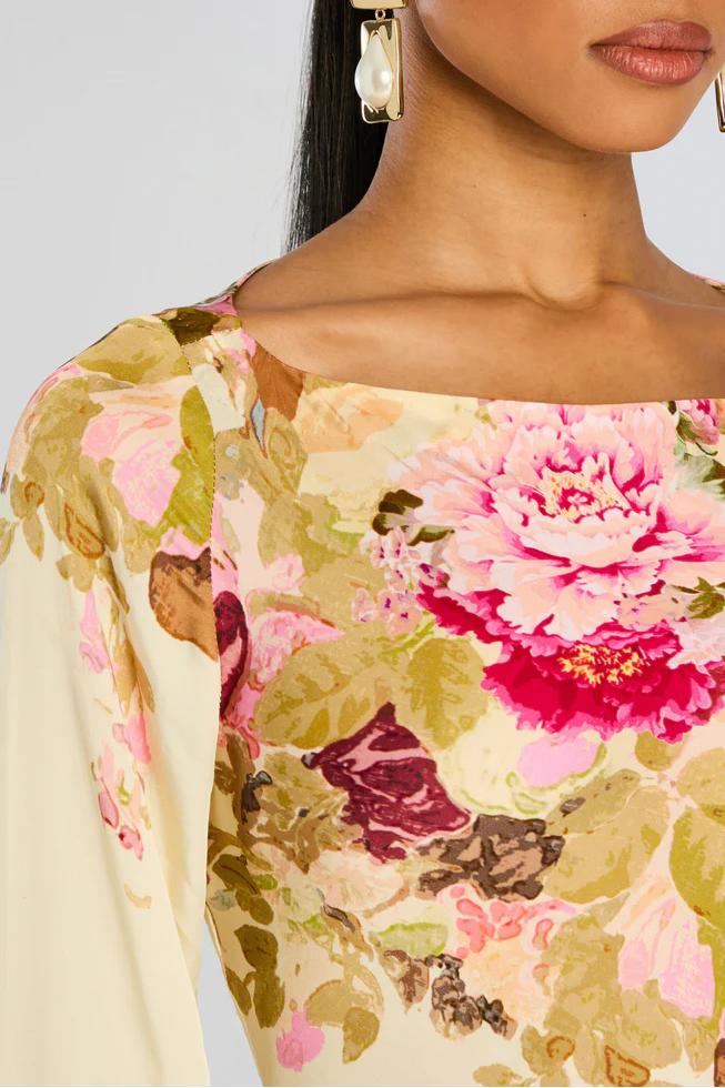 Dames maxi jurk met bloemenprint en boothals, achteraanzicht