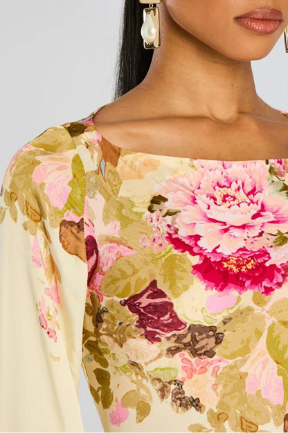 Dames maxi jurk met bloemenprint en boothals, achteraanzicht