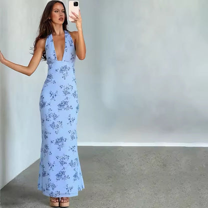 Dames zomerjurk maxi model met halter en vloeiende rok
