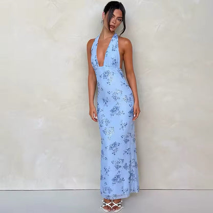 Elegante blauwe maxi jurk met bloemenprint voor een zomerse look