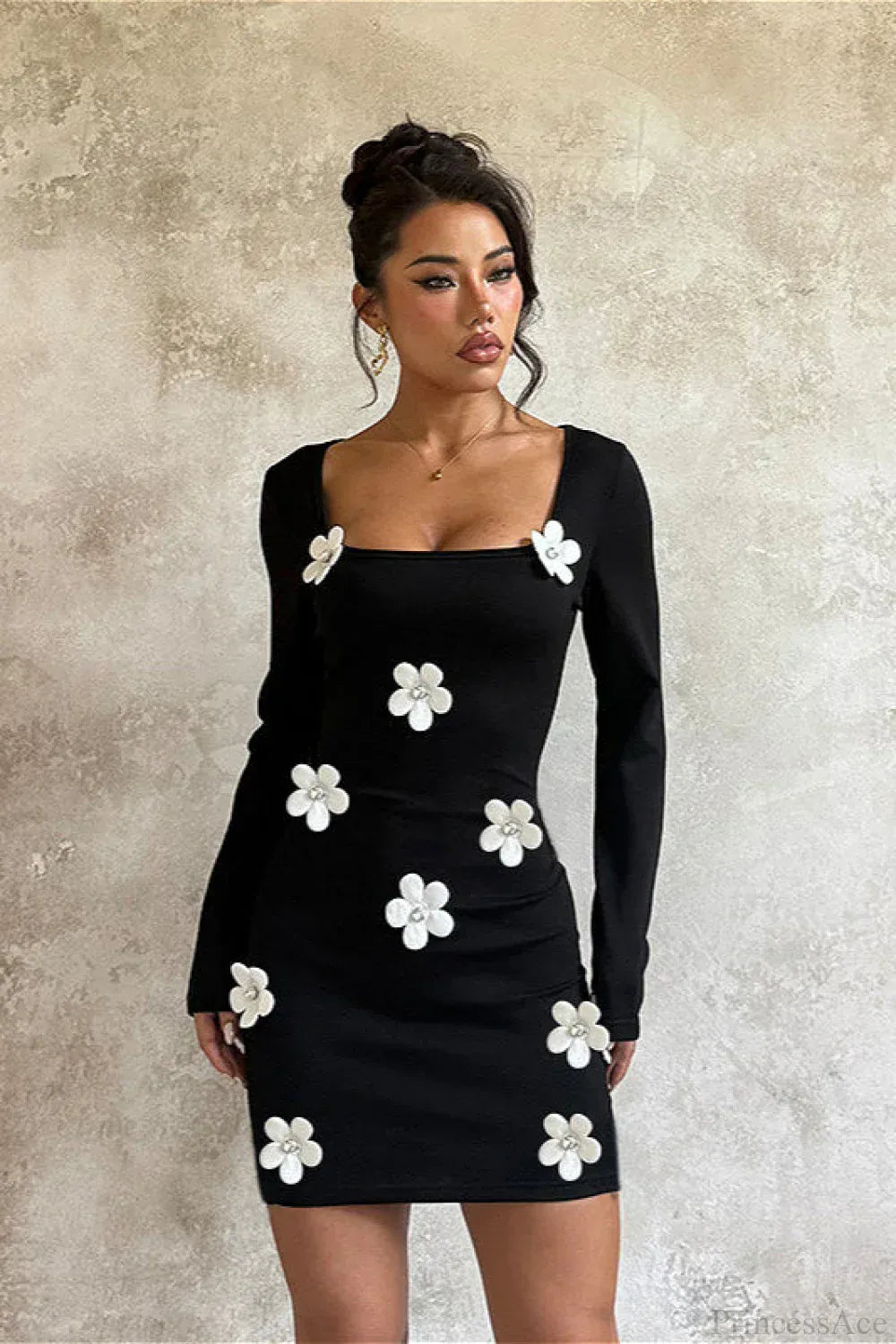 Dames Bloemenprint Bodycon Mini Jurk Met Lange Mouwen